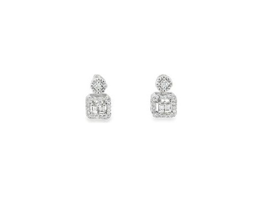 18K White Gold Drop Earrings with Natural Baguette and Round Diamonds in Geometric Double Halo Design
